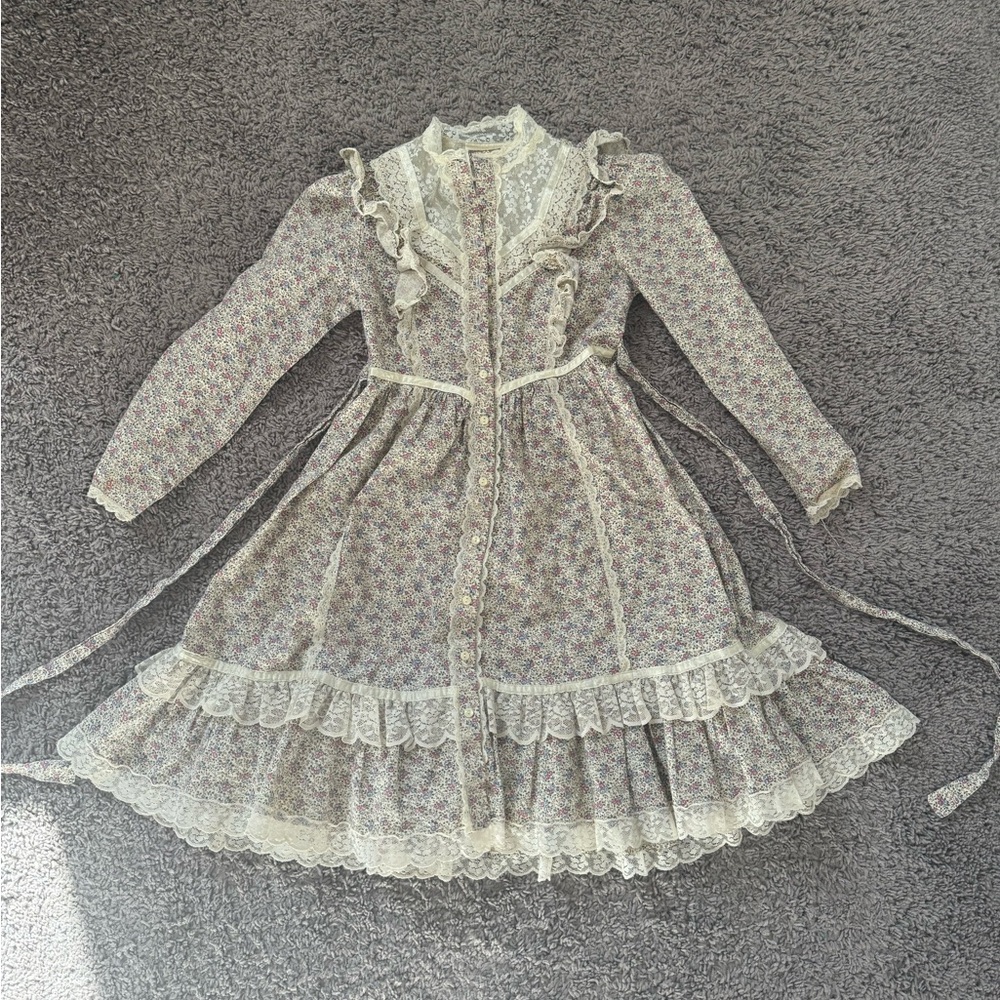 vtg 70s GUNNE SAX Jessica McClintock Prairie Floral MIDI Dress Cottage Core Lace